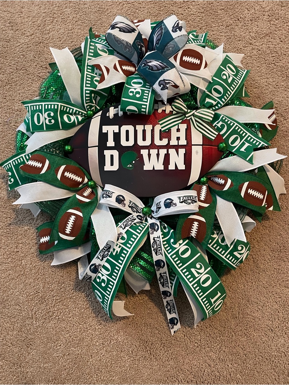 Eagles Touchdown Football Wreath - Green & White Eagles Theme